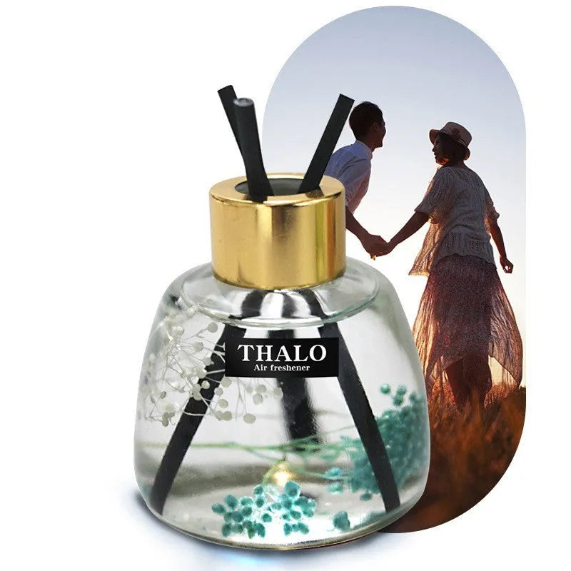Glass bottle-shaped car perfume ornament for air freshening, shown in various colour options.