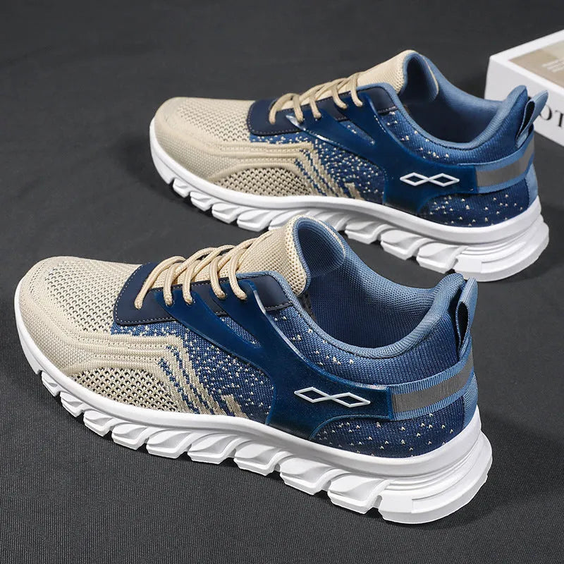 Men's soft bottom breathable striped sneakers with polyester fibre upper in white colour, flat heel and round toe