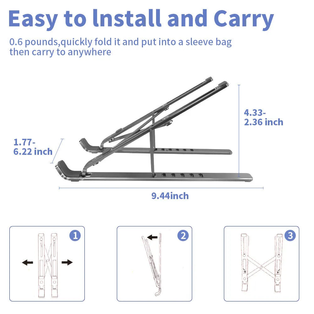 Aluminium laptop stand shown in silver colour with six height adjustment positions visible