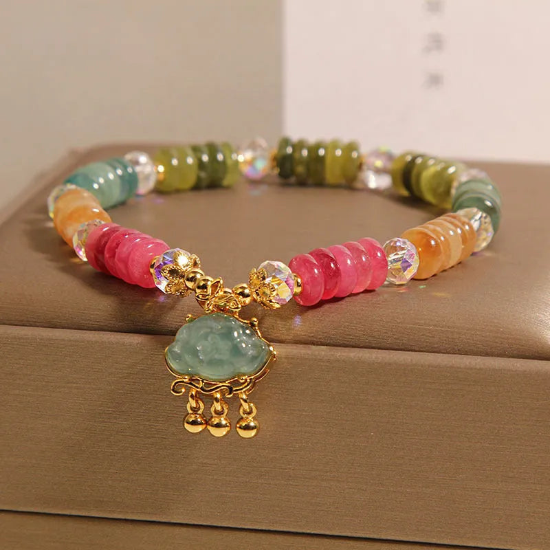 Colourful tourmaline jade Xiangyun pattern crystal bracelet with alloy inlay setting for ladies jewellery
