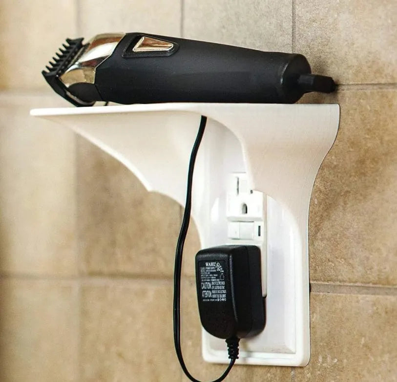 White plastic socket tool storage rack mounted on a wall, dimensions 14cm by 10cm by 15cm.