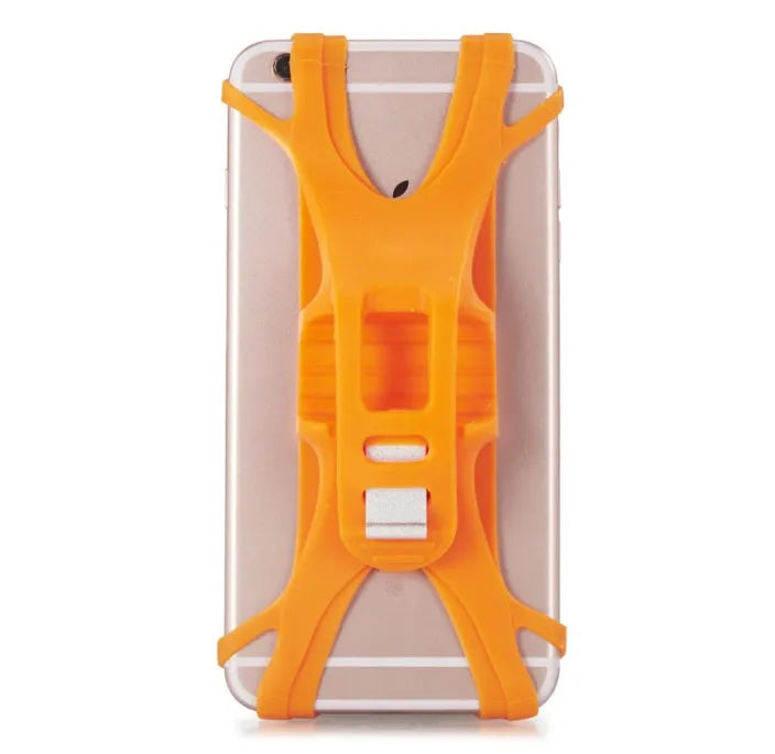 Black silicone bicycle phone holder mounted on handlebars showing three-hole adjustable bracket