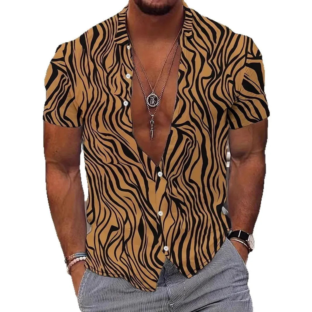 Men's geometric pattern short sleeve shirt with lapel collar on a slim fit model.