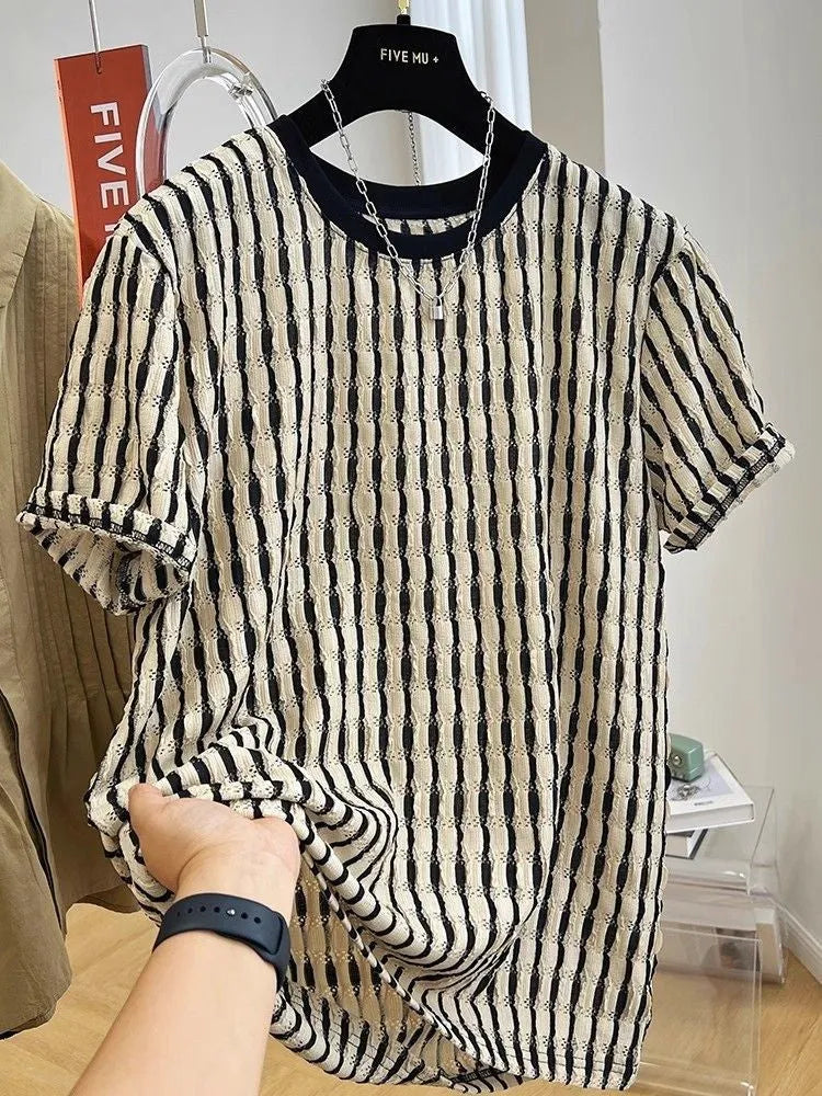 Black and white striped men's casual linen blend shirt with short sleeves and a loose fit.