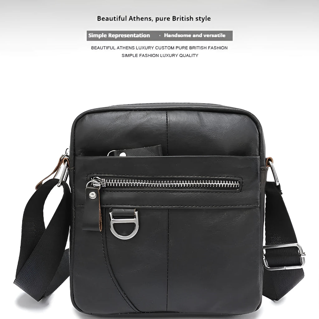 Retro brown leather messenger bag with crossbody strap on a table.