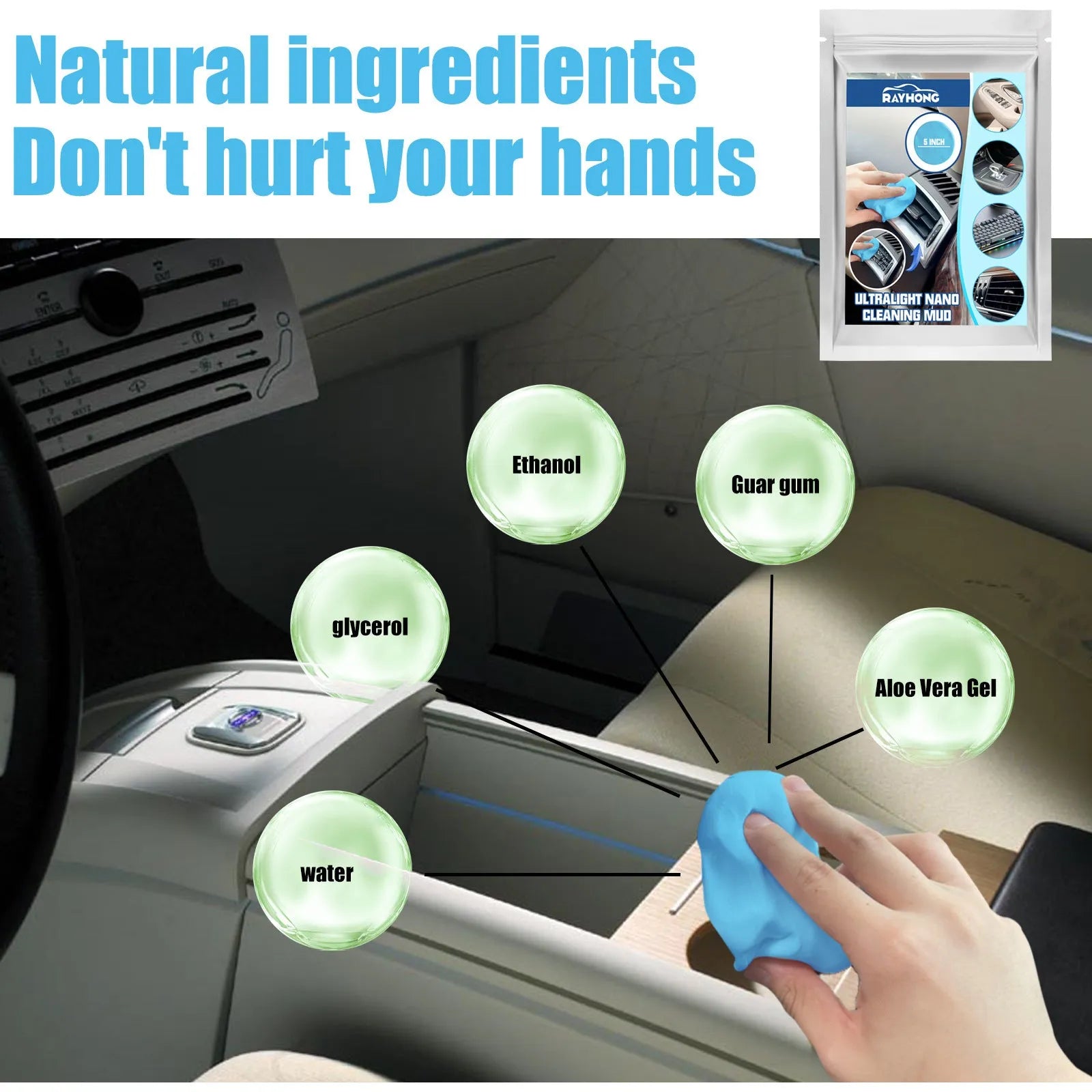 A 15cm by 10cm slab of soft grey cleaning putty for dust removal from car vents and gaps.