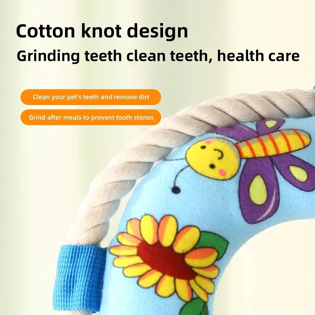 25cm diameter plush dog pull ring toy with squeaker in yellow fish design for chew resistant fetch training