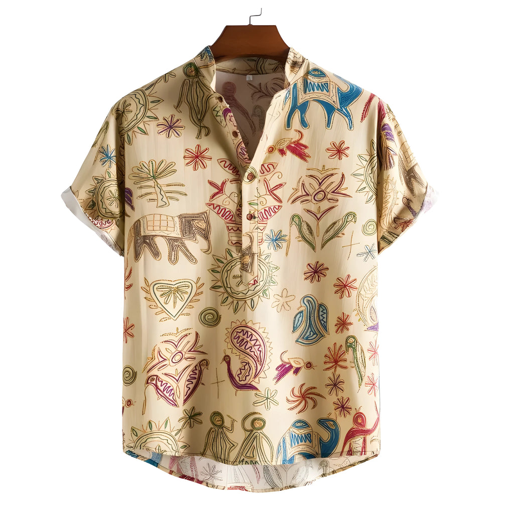 Man wearing a loose fit plus size cardigan with a detailed 3D digital print on the front.