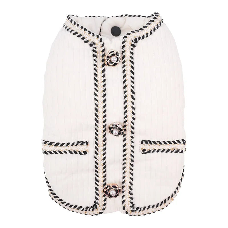 Cartoon-style quilted dog coat in light purple colour on mannequin