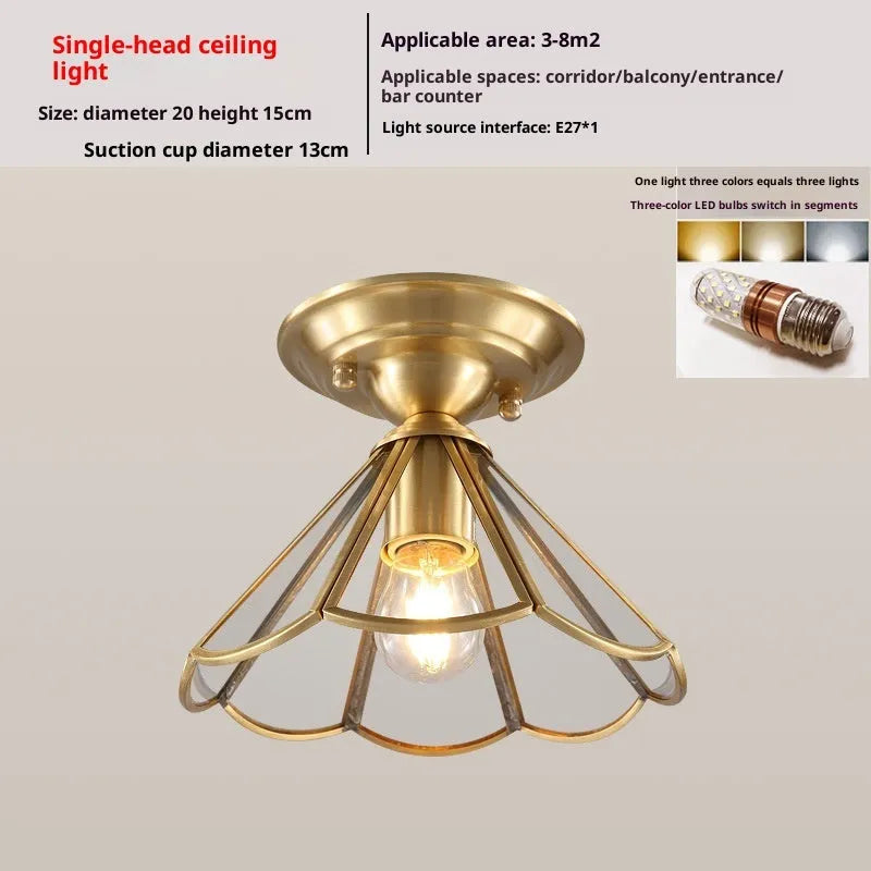 Minimalist pure copper ceiling lamp with American style design for bedroom use