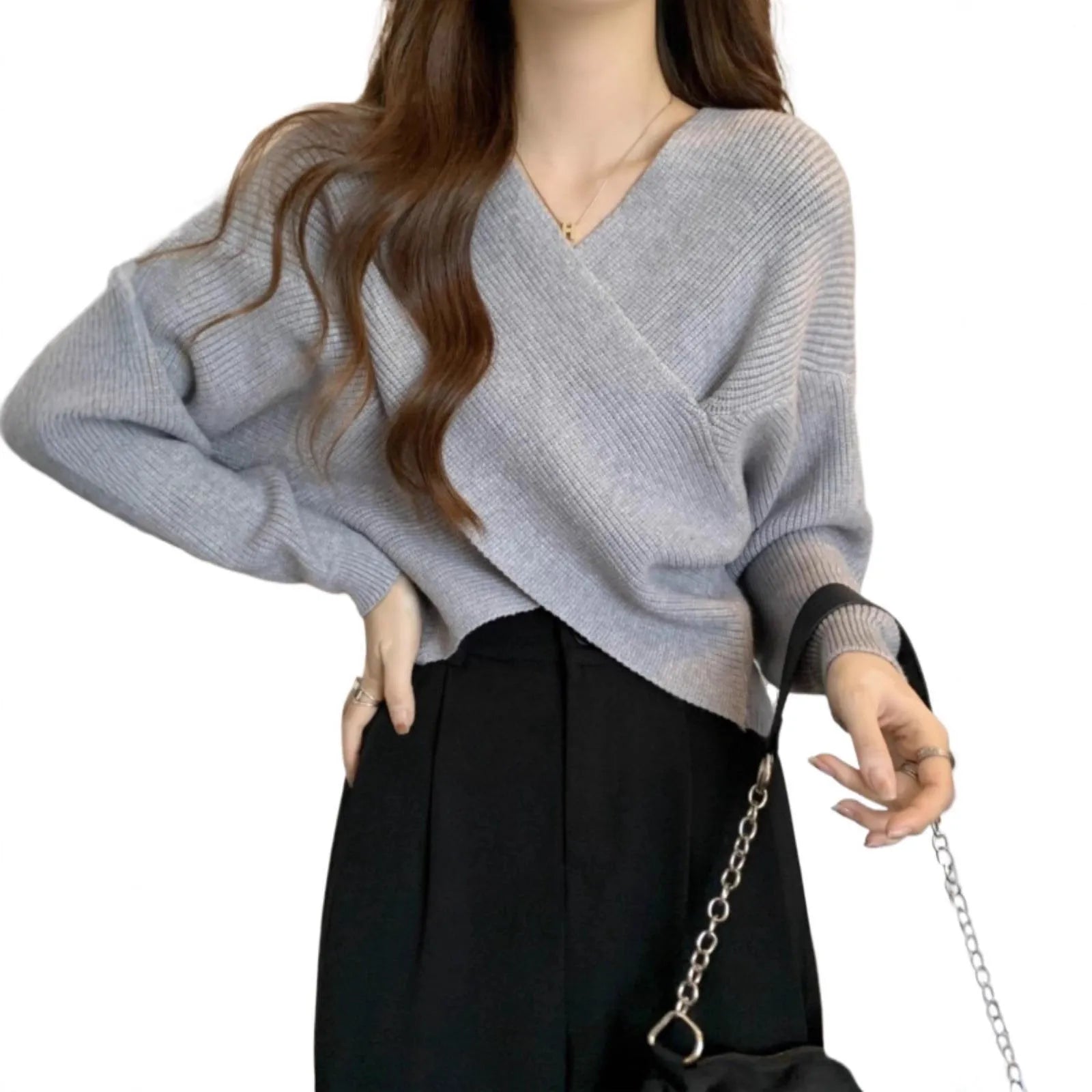 Lazy short sweater design blouse in loose fit, long sleeves, Black colour option