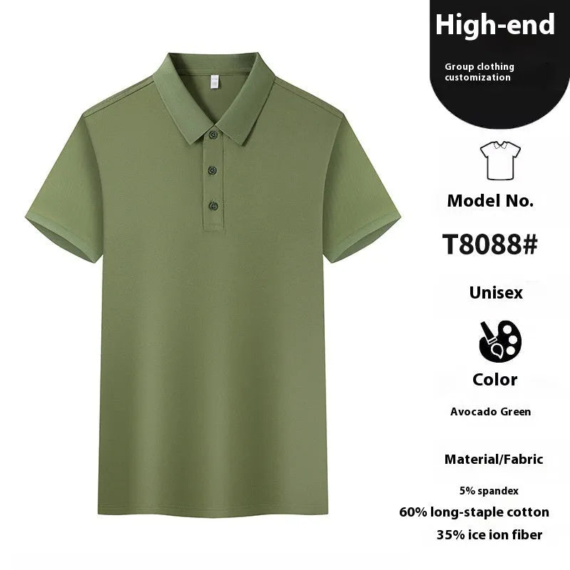 Cotton lapel collar polo T-shirt on a hanger, available in multiple colours including Aerospace Blue.