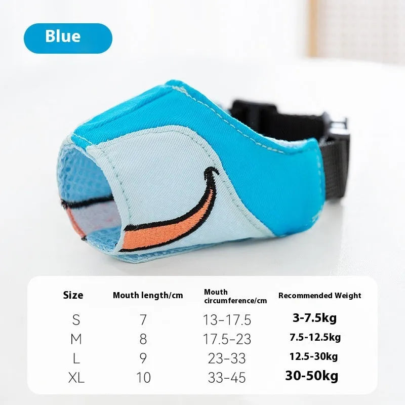 Adjustable canvas dog muzzle in Ollie Brown Bear design on a dog, showing three-strap fit.