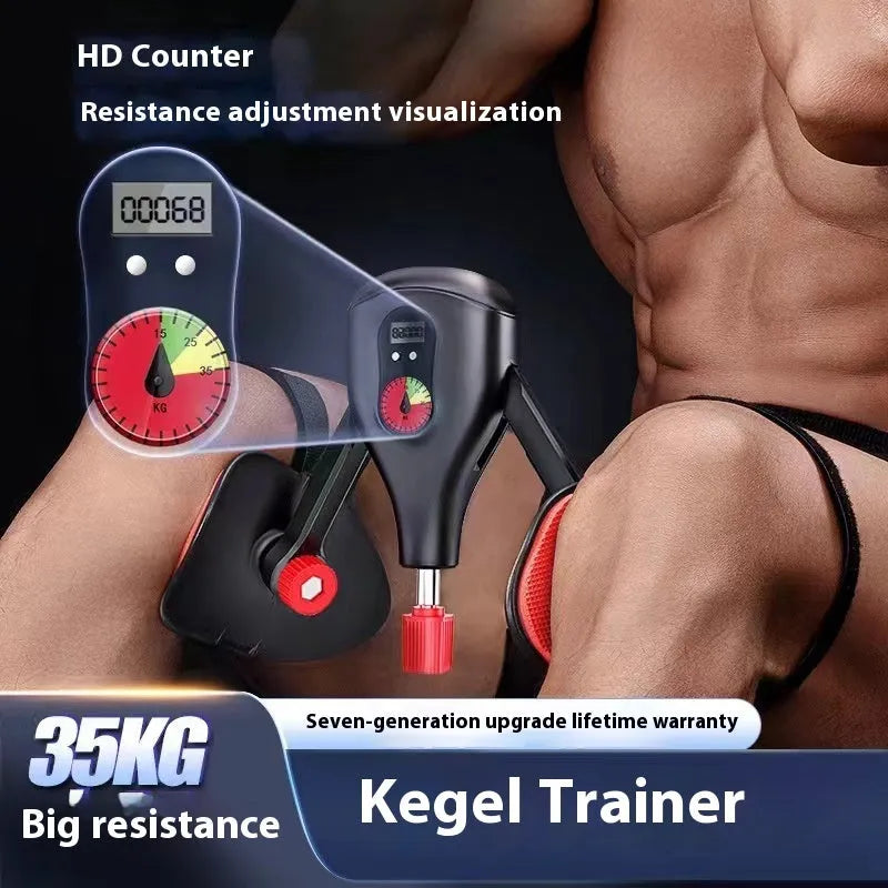 Men's black and grey kegel trainer for PC muscle exercise, shown with and without straps and a handle.