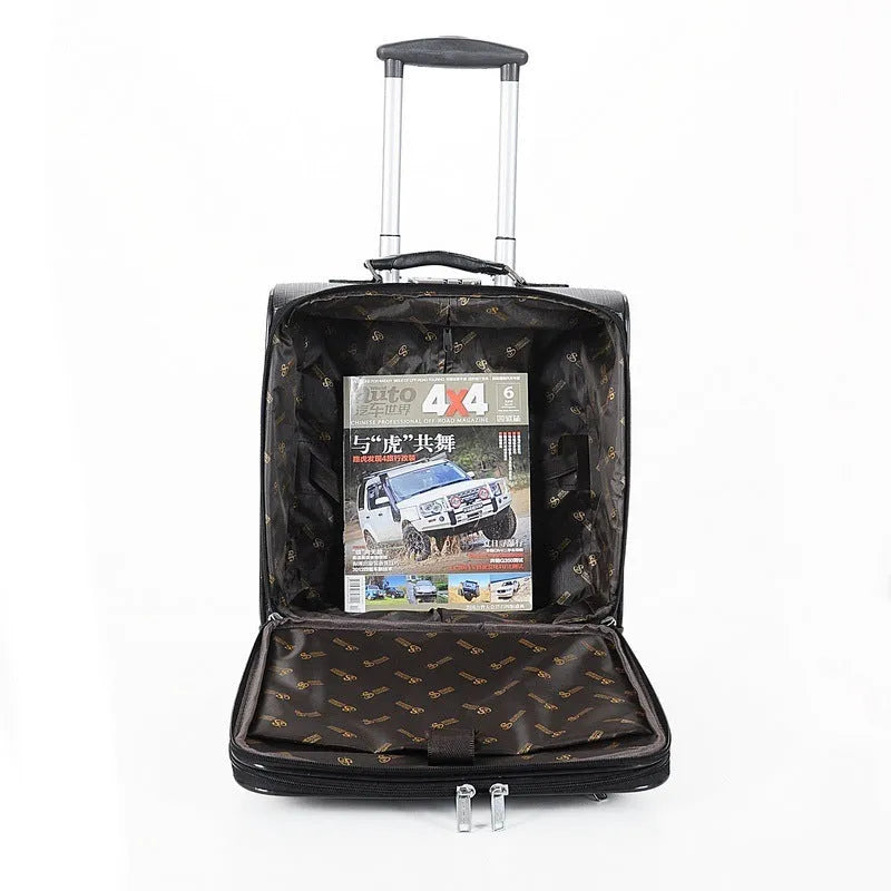 Black PU leather wheeled business case with retractable handle and smooth-rolling wheels