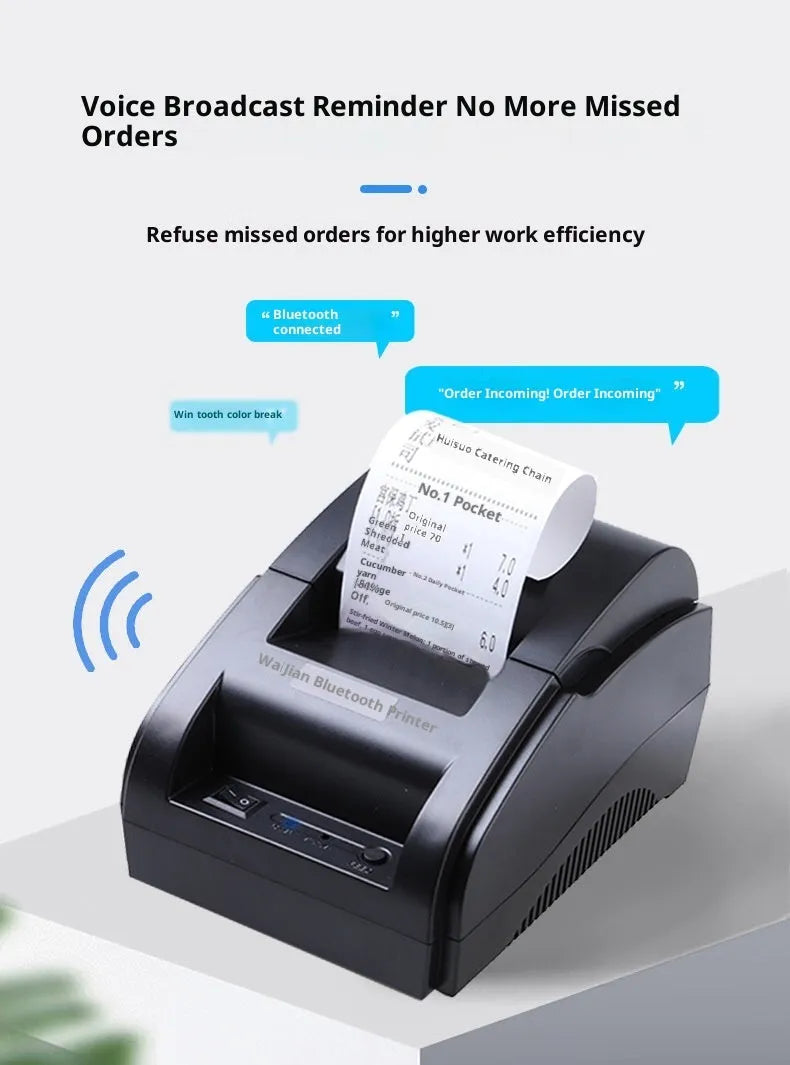 Desktop Bluetooth thermosensitive receipt printer in black with paper roll loading compartment, 90mm/s speed, for supermarket and takeout use