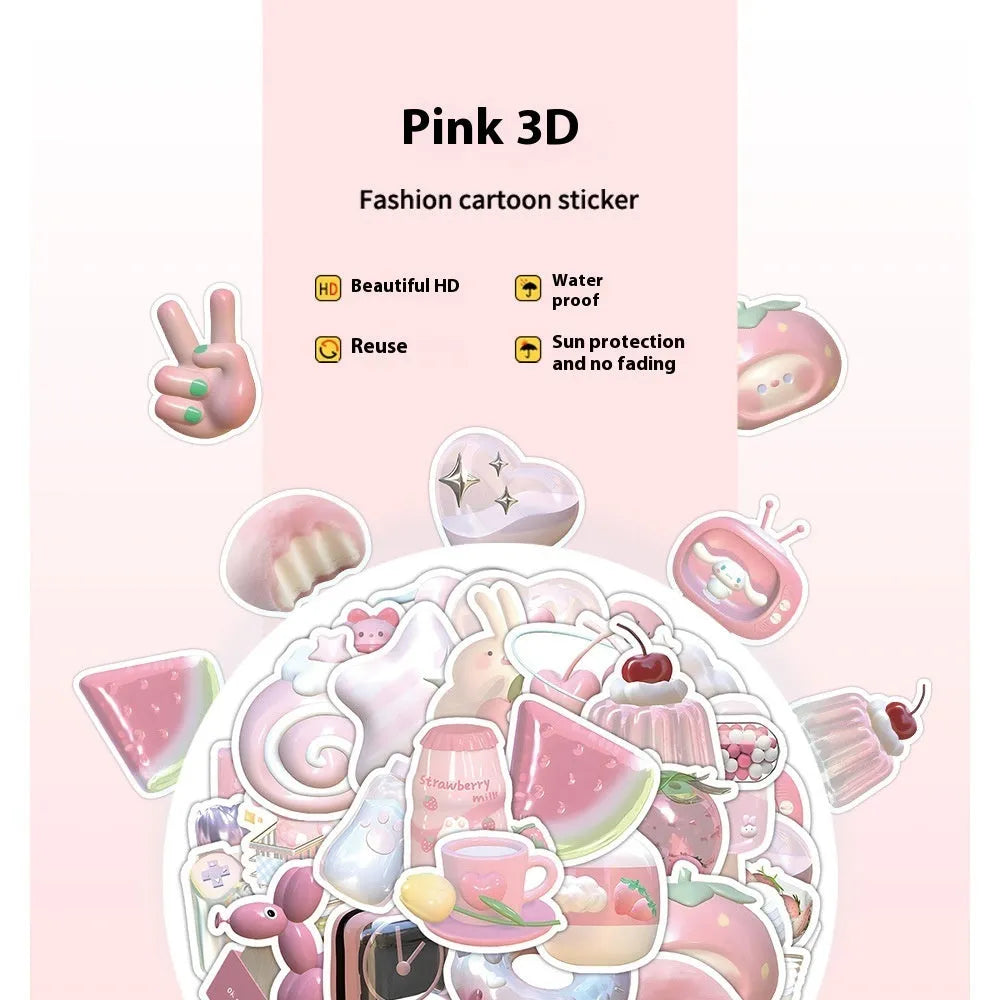 Set of 63 realistic 3D decorative stickers with cute pink girl heart designs.