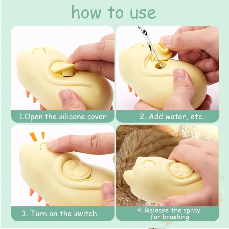 Compact white 3-in-1 steam grooming brush for removing tangled hair from cats and dogs on a table.