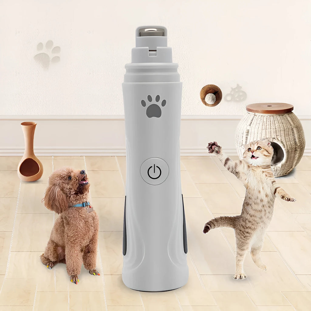 Electric pet nail grinder with diamond head, USB cable, safety cover and three speed settings for small to large pets
