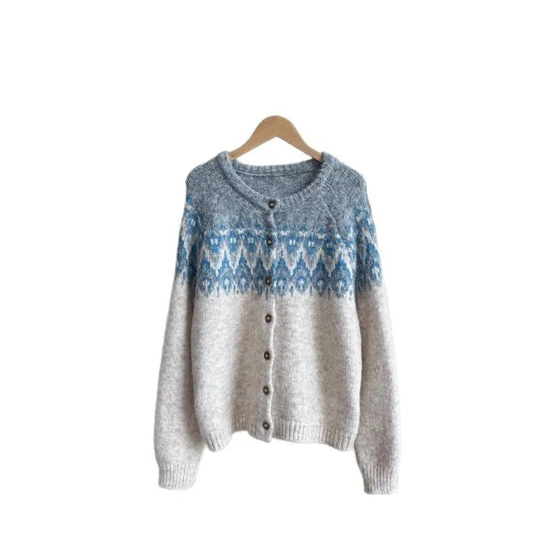 Women's loose-fit jacquard sweater coat in a contrast colour pattern, shown in milky white.