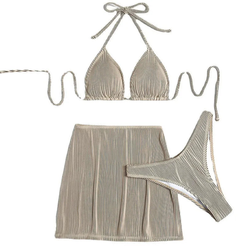 Women's rib fabric bikini swimsuit set in four colour options showing three-piece design for summer swimming