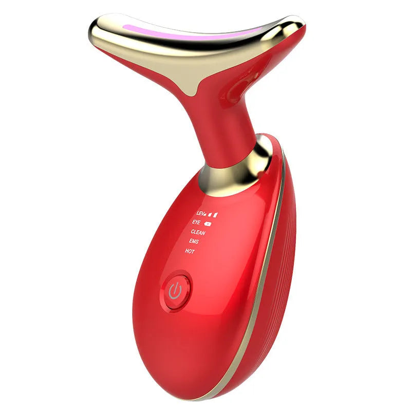 Black silver EMS neck massager with LED lights for skin tightening and wrinkle reduction