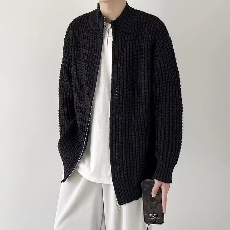 Men's thickened cardigan coat in black with loose fit and rabbit hair blend fabric, front view