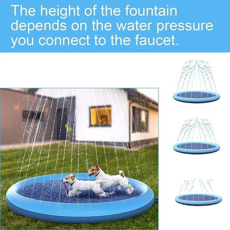 Anti-slip dog sprinkler mat showing textured surface for outdoor water play in garden setting