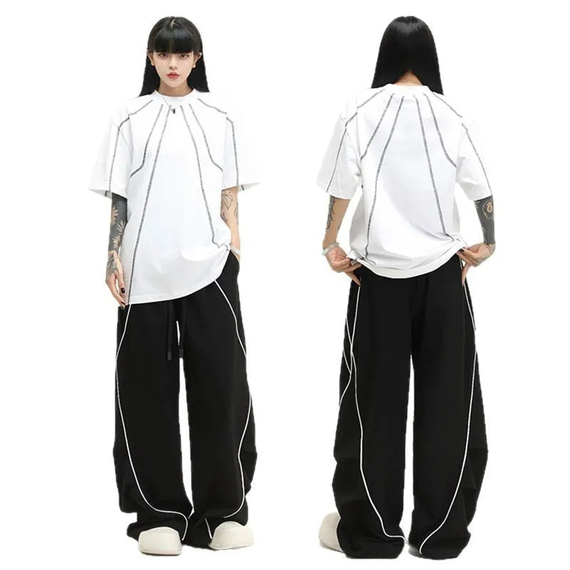 Black striped wide-leg hip hop trousers with elastic mid-waist