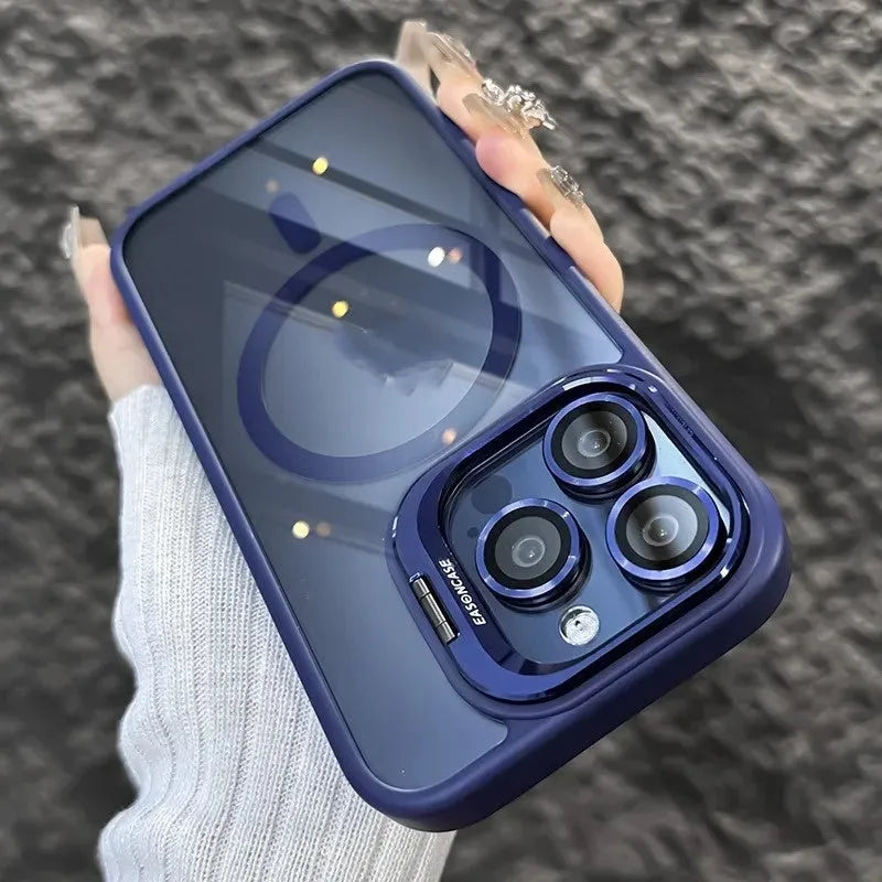 Acrylic transparent phone case with magnetic lens bracket in navy blue for iPhone 17 series