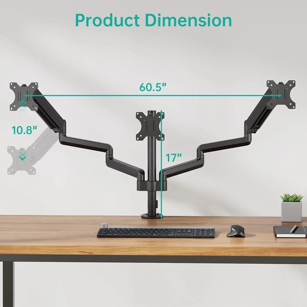Black triple-arm gas spring computer monitor mount for 13-27 inch screens with aluminium alloy construction
