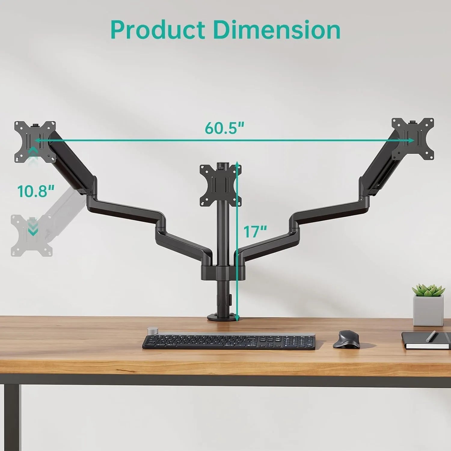 Black triple-arm gas spring computer monitor mount for 13-27 inch screens with aluminium alloy construction