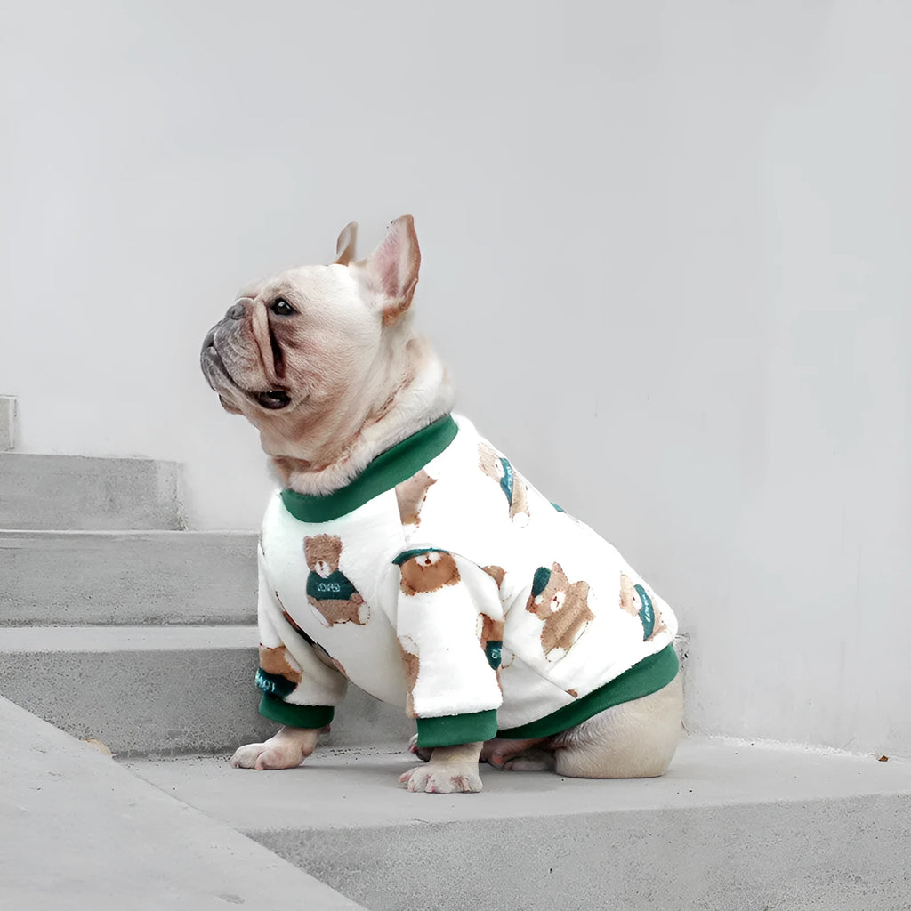 Coral fleece dog pyjamas in Bear style pattern on a female dog, side view, winter apparel