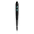 Black digital recording pen with OLED display screen and zinc alloy casing next to included headphones and data cable.