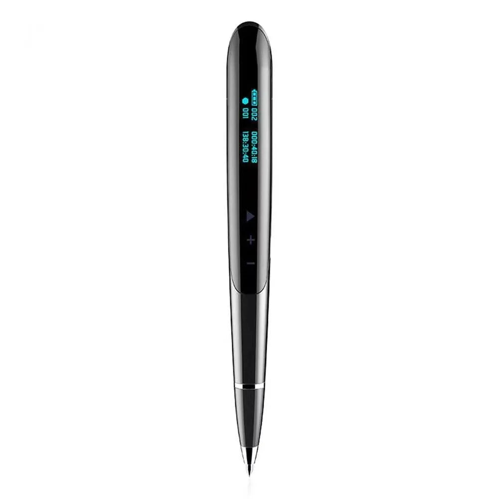 Black digital recording pen with OLED display screen and zinc alloy casing next to included headphones and data cable.