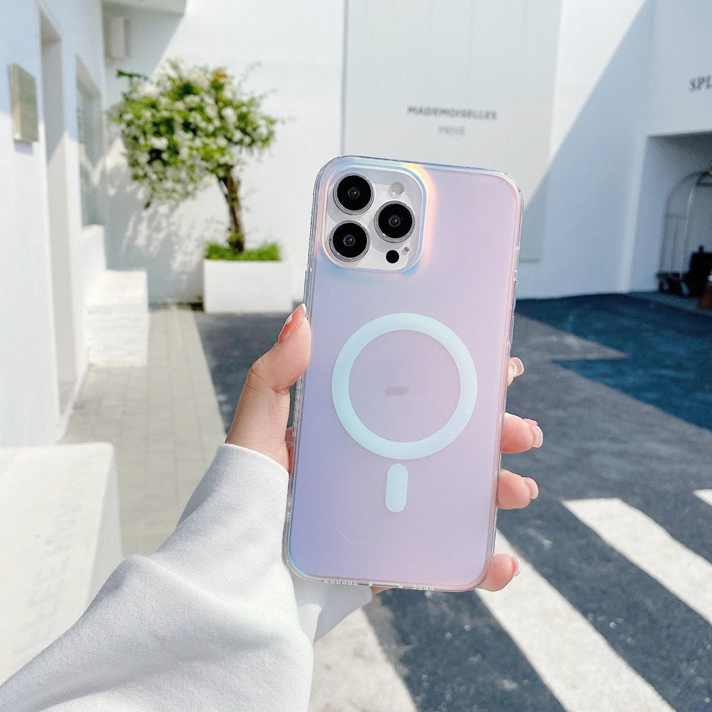 Transparent frosted magnetic back case for iPhone 14 Pro Max with visible camera cutout and shiny laser pattern