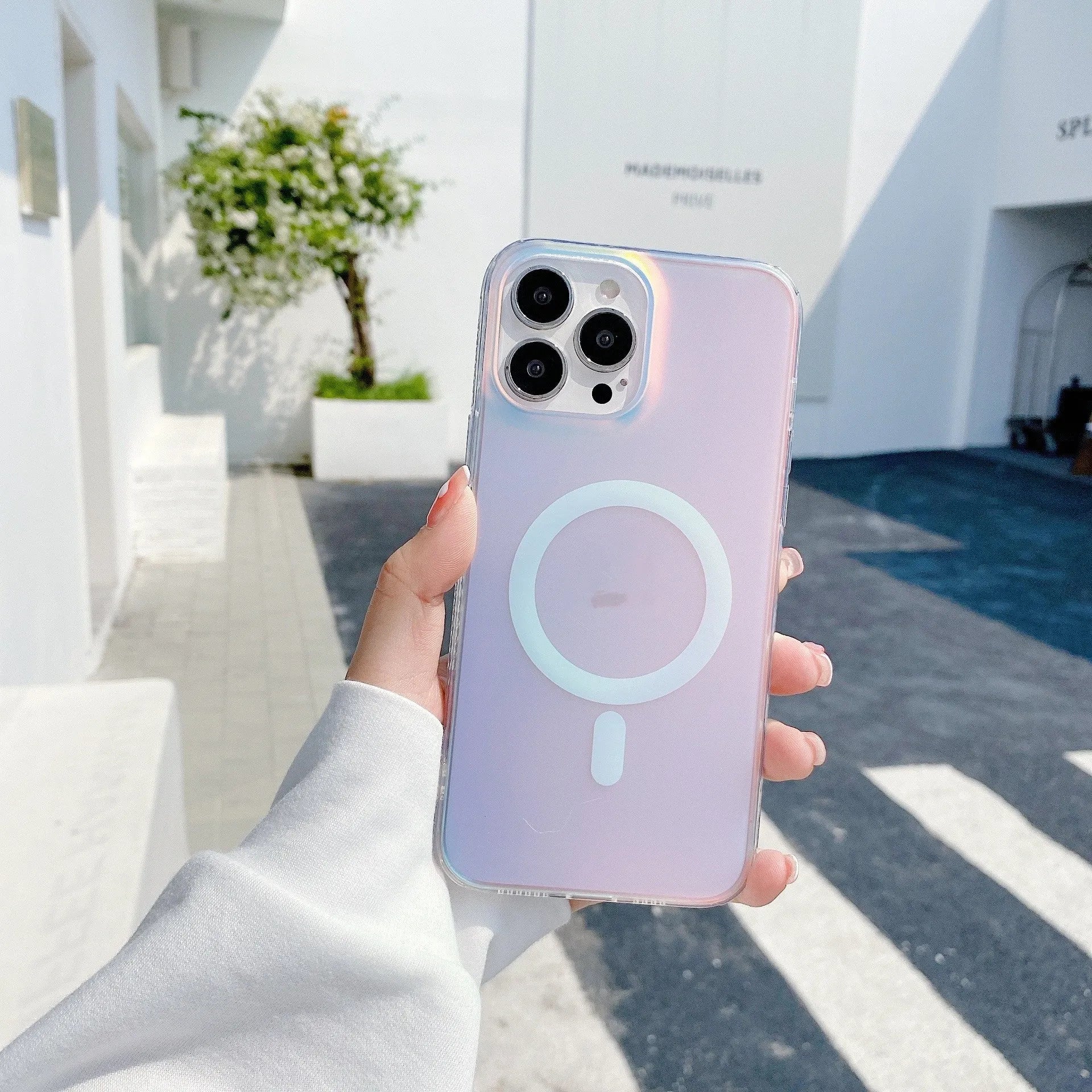 Transparent frosted magnetic back case for iPhone 14 Pro Max with visible camera cutout and shiny laser pattern
