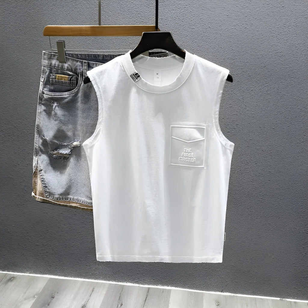 Men's solid colour loose fit cotton sleeveless t-shirt on hanger, black and white options.