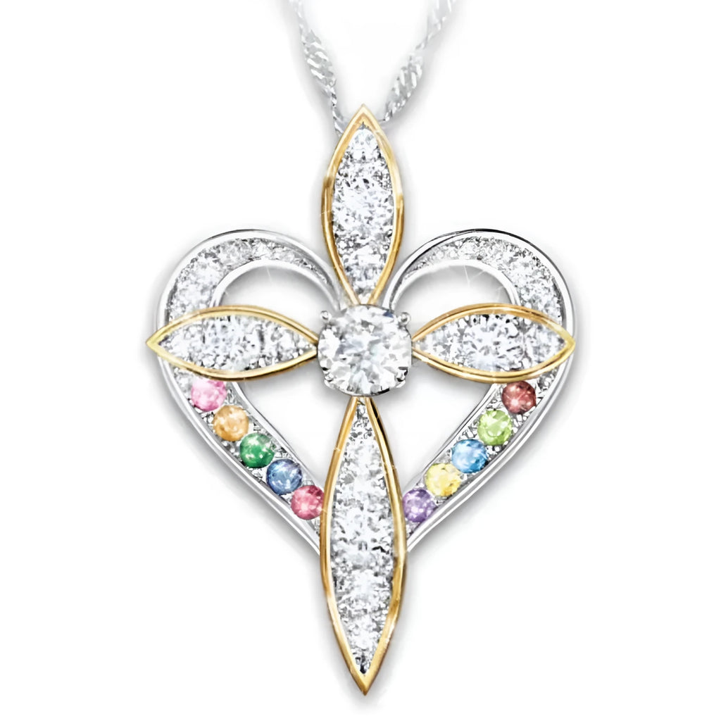 Alloy heart shaped cross pendant necklace on adjustable clavicle chain, unisex style, electroplated finish