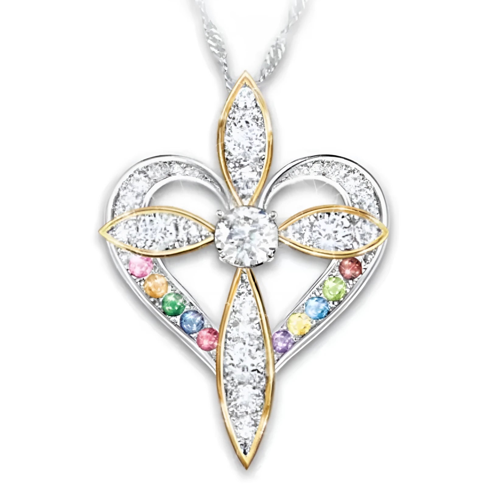 Alloy heart shaped cross pendant necklace on adjustable clavicle chain, unisex style, electroplated finish