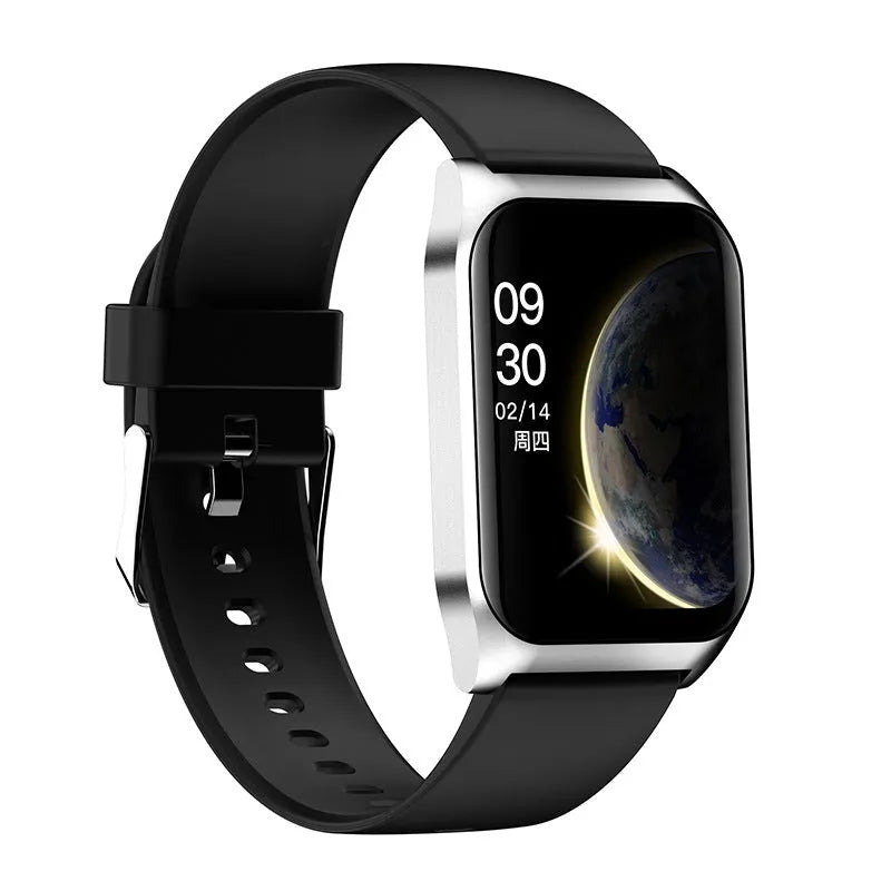 Black and silver smart watch with 1.69-inch touchscreen display and silicone wristband for Bluetooth calls