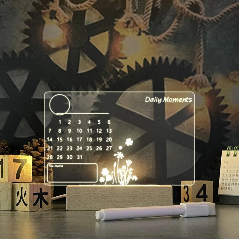 USB message board lamp with LED night light showing transparent acrylic surface with handwritten note
