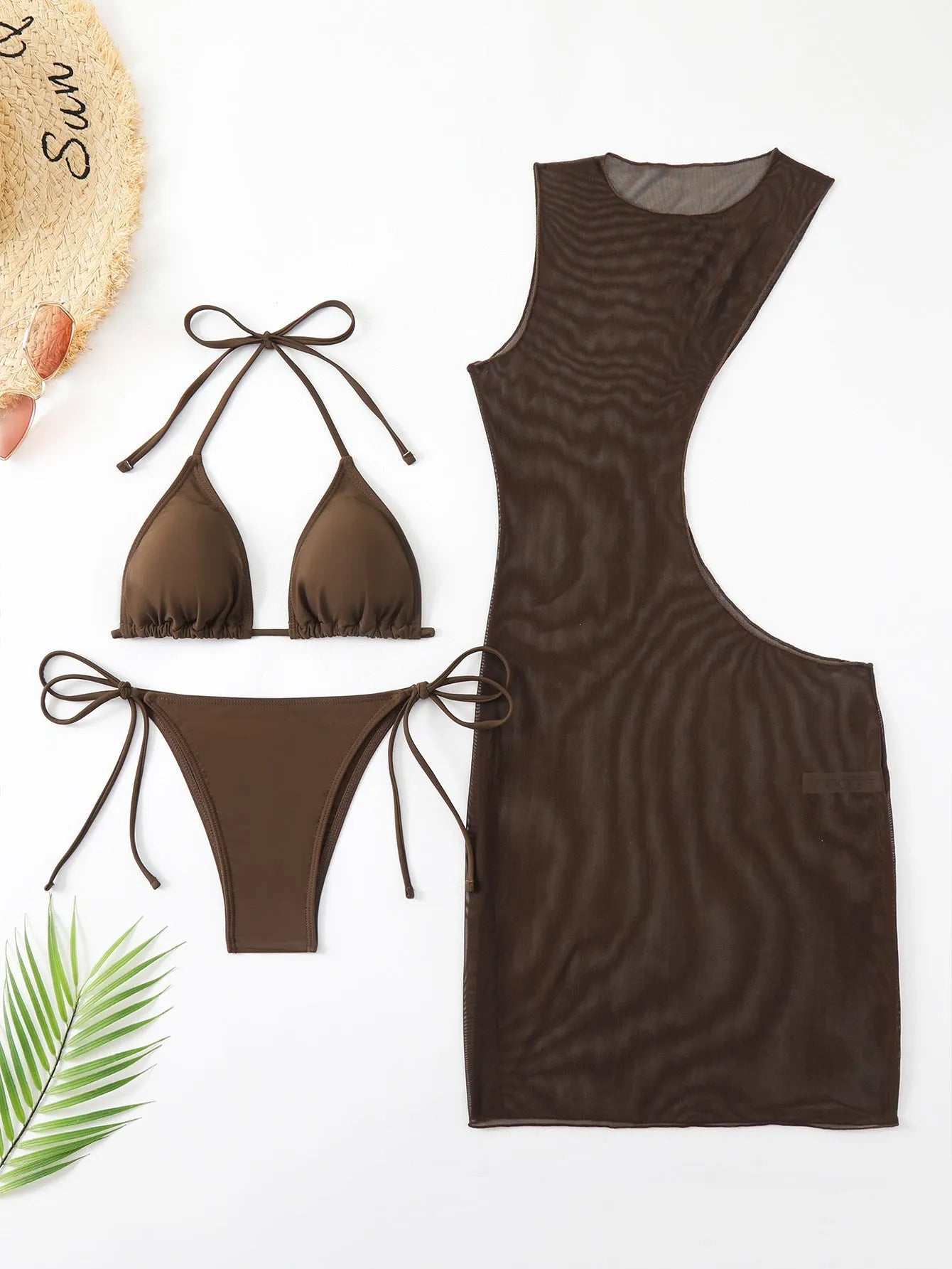 Brown women's three-piece swimsuit set comprising a bra, shorts, and blouse on a plain background.