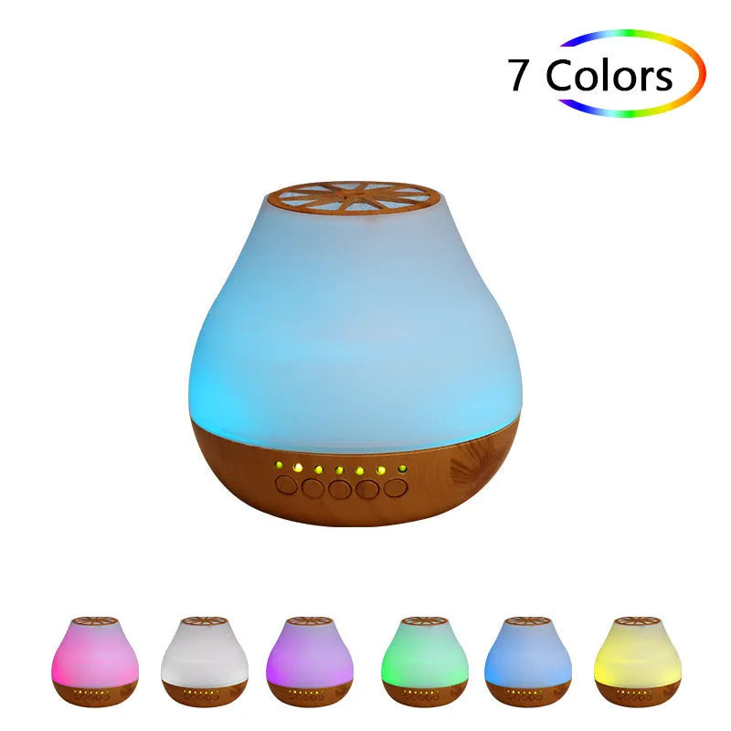 USB-powered ultrasonic essential oil aroma diffuser with colourful night light in wood grain finish
