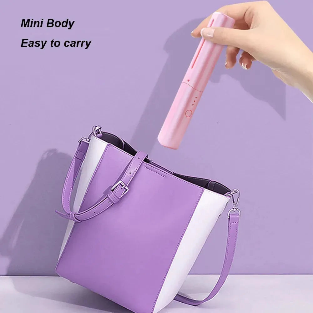 Cordless hair straightener brush with ceramic coating, available in purple, green, and pink, showing compact design