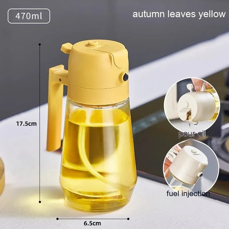 470ml glass oil sprayer and pour bottle in beige, black, green, and yellow colours with ergonomic handle