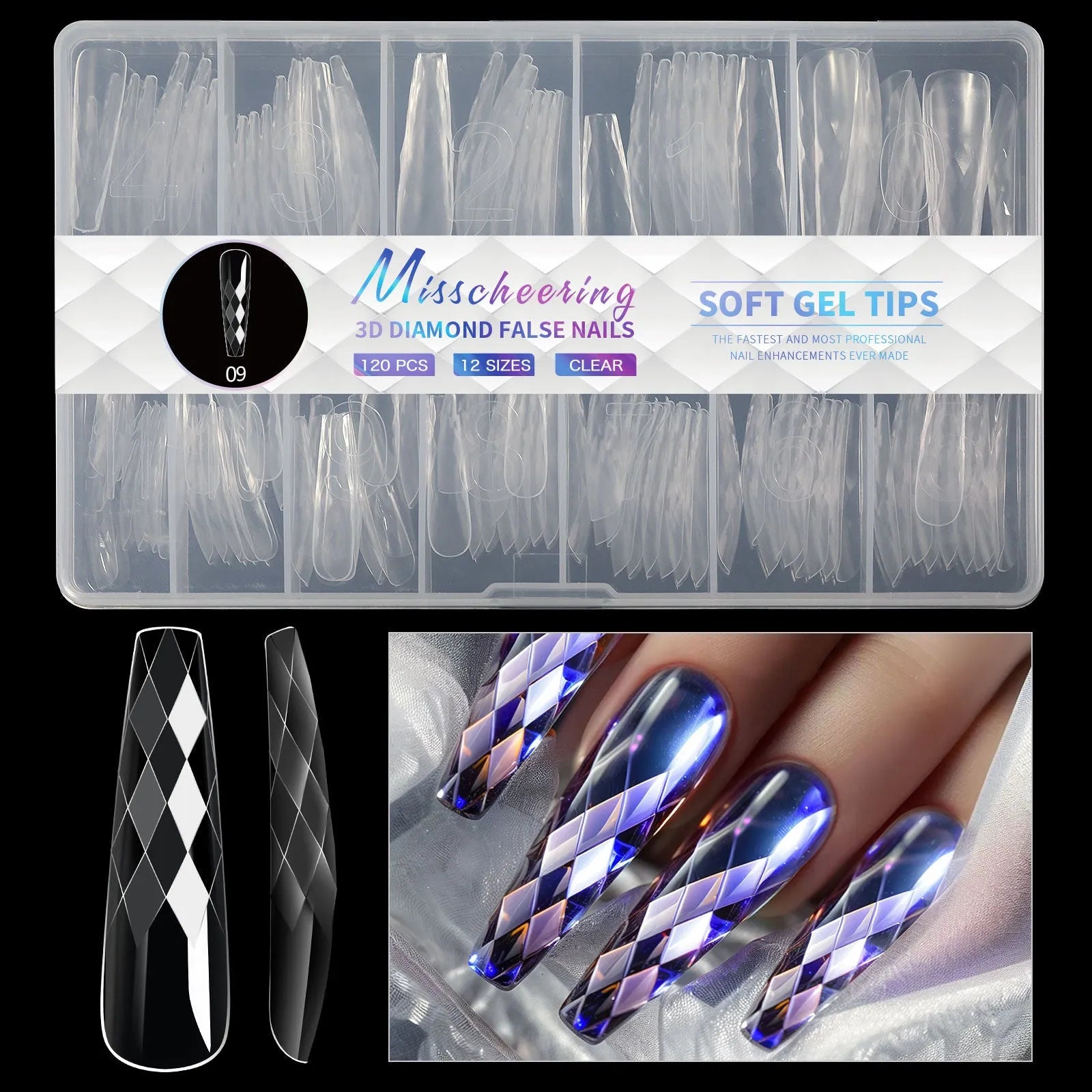 3D diamond pattern long nail tips in glitter colours for nail art enhancement
