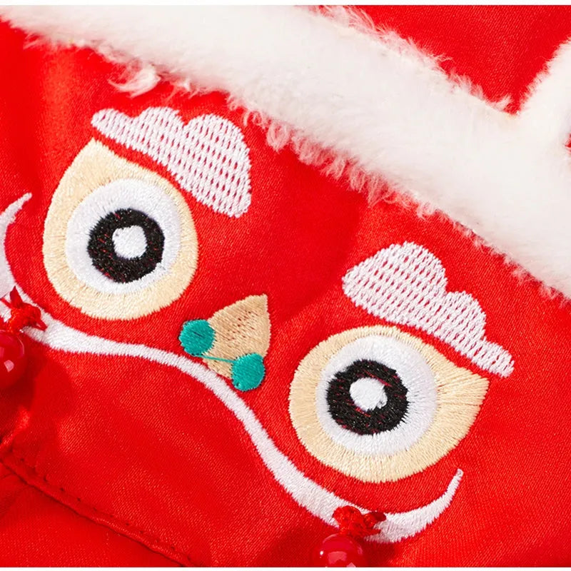 Lion Dance pet Tang suit cotton-padded red top with embroidery and festive tassels for dogs