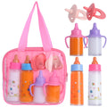 6-piece doll feeding set with two bottles and hand bag on white background