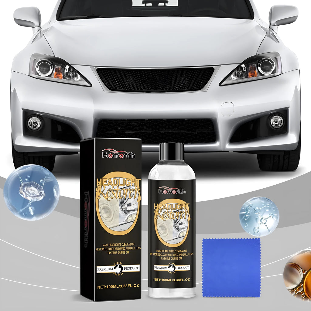 Car headlight polishing kit with 100ml care solution bottle and microfibre towel